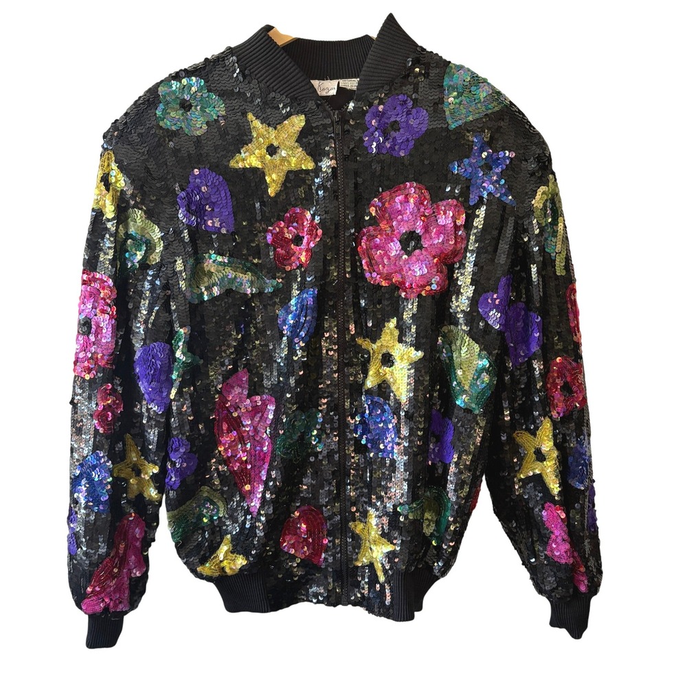Vintage Sequin Bomber Jacket Floral Star Silk Rayon Laurence‎ Kazar Party L